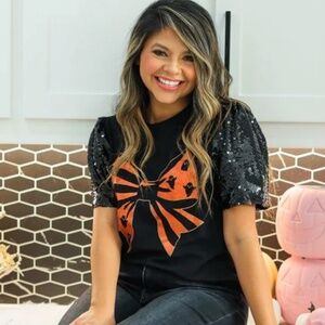 New Halloween Bow With Sequins Puff Sleeve